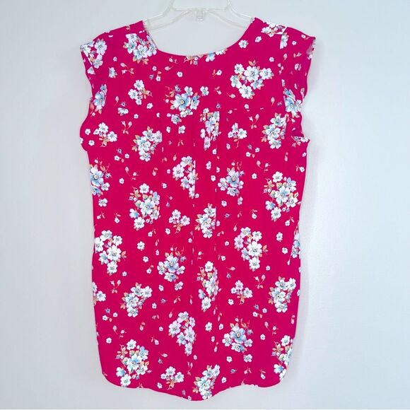 LOFT Magenta Floral Flutter Short Sleeve V Neck Pop Over Blouse Size M - Picture 3 of 10